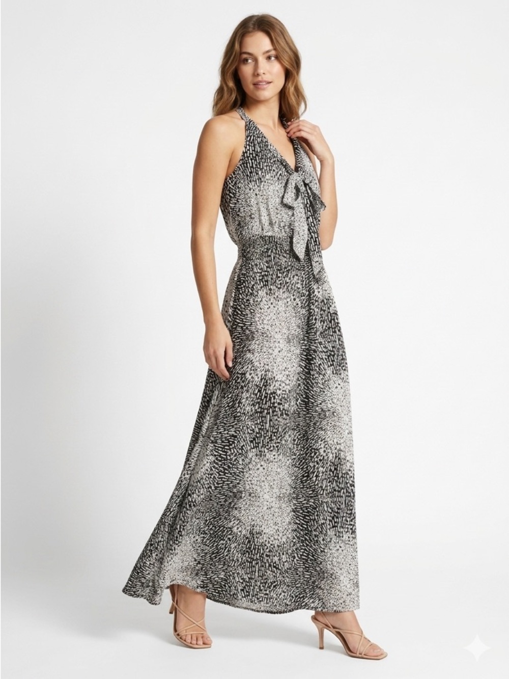 Parker Maxi Dress Tie Neck Smocked Waist Silk Abstract Black White S